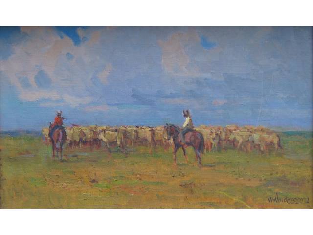 Menase Vaidergorn óleo sobre tela 30 x 40 cm “Boiadeiros” ass. CID com etiqueta "Contorno Galeria de Arte, São Paulo/SP"