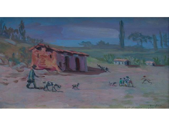 Innocêncio Borghese óleo sobre eucatex 19 x 32 cm “Santo Amaro” ass. CID 1940