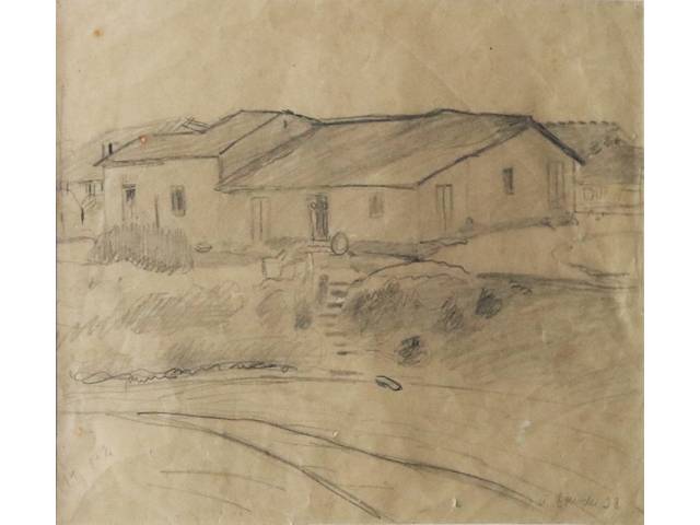 Bonadei, Aldo grafite s/ papel 26 x 35 cm “Paisagem” ass. inferior direito 1928 Com desenho no verso de Nu Masculino