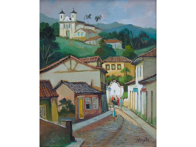 Omar Pellegatta óleo sobre tela 50 x 40 cm “Vilarejo com igreja” ass. CID