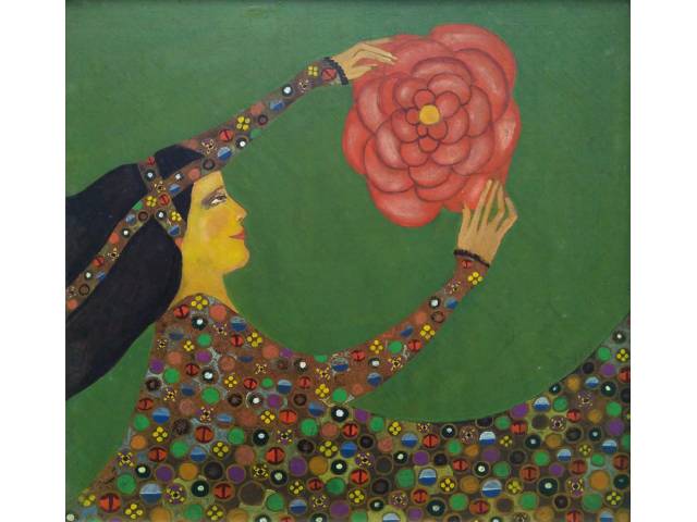 Sonya Grassmann óleo sobre eucatex 31 x 33 cm “Mulher com flor” ass. inferior direito