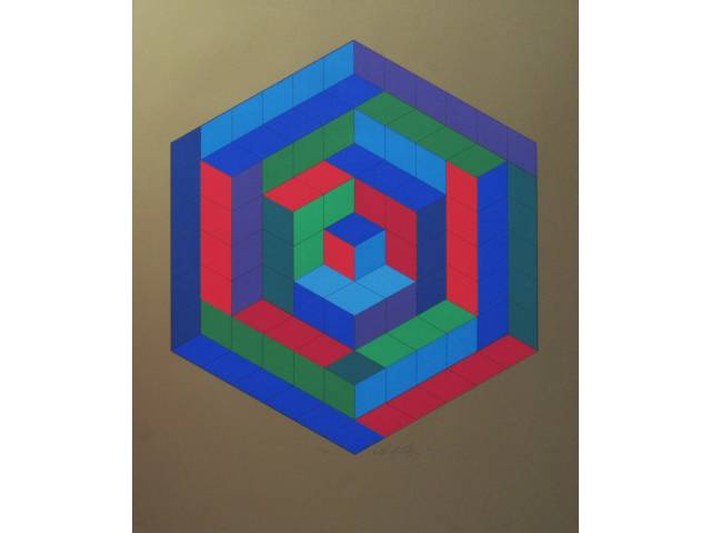 Victor Vasarely gravura 60 x 50 "SIN - HAT-A,1972" ass. CID t. 300/340. Com etiqueta de "A Galeria", ex-coleção Waldemar Szaniecki