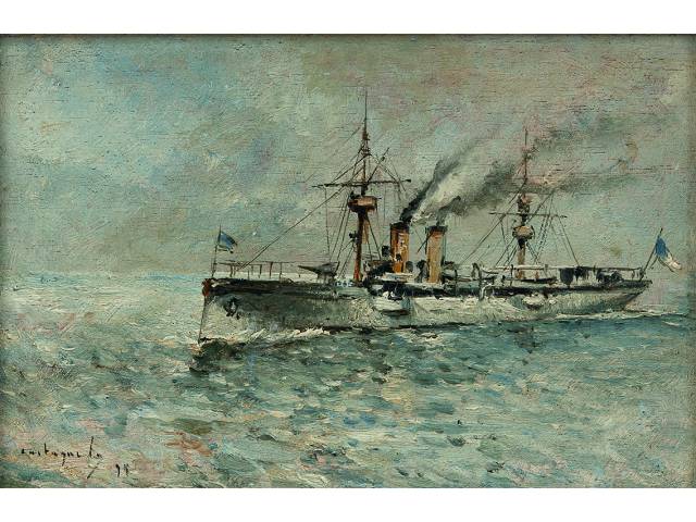 João Batista Castagneto óleo sobre madeira 15 x 22 cm "Cruzador Adamastor" 1898 reproduzido no livro História da Pintura no Brasil de José Maria dos Reis Júnior, Editora Leia, 1944, p. 173