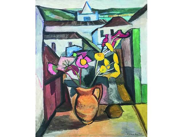 Aldo Bonadei óleo sobre tela 60 x 50 cm "Vaso de flores com paisagem" 1970