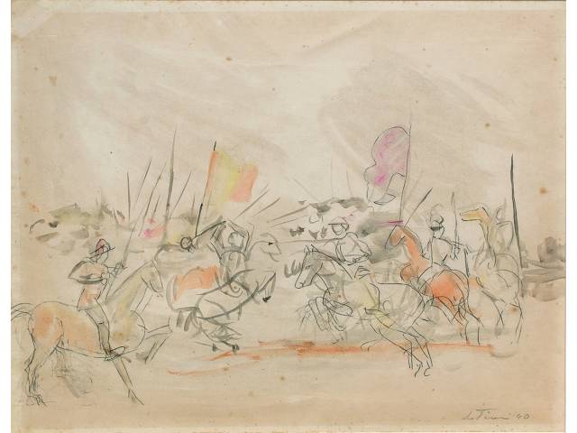 Ernesto De Fiori guache e crayon sobre papel 50 x 65 cm "Batalha" 1940 reproduzido no livro Ernesto de Fiori - Uma Retrospectiva. São Paulo: Pinacoteca, 1997, p. 94. Selo de participação no 12º Salão Paulista de Belas Artes na parte posterior.