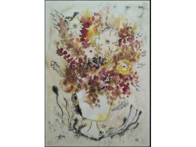Petrônio Pereira Bax nanquim e aguada sobre cartão 35 x 25 cm “Vaso de flores” ass. inferior esquerdo 1972