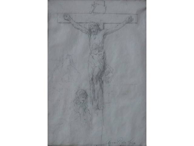Oscar Pereira da Silva grafite sobre papel 21 x 14 cm “Cristo na Cruz” ass. inferior direito Com cachê da Dan Galeria