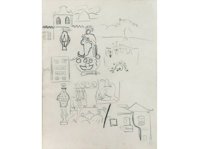 Tarsila do Amaral grafite sobre papel 25 x 19 cm "Estudos diversos - casarios e motivos religiosos" 1924 reproduzida no catálogo raisonné Tarsila do Amaral - volume II - p. 256