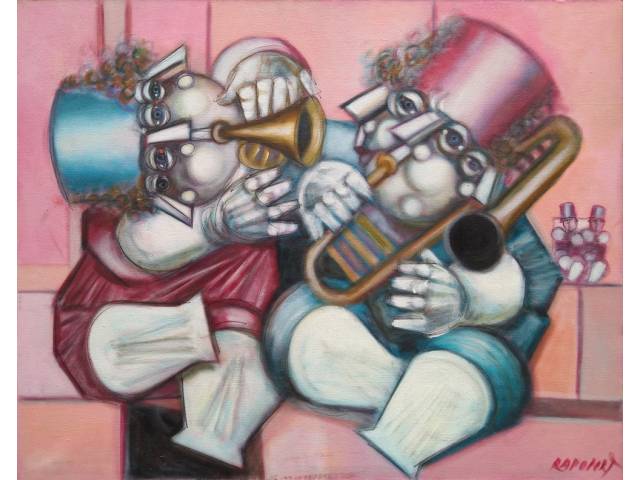 Alexandre Rapoport acrílica sobre tela 80 x 100 cm “Os Dois Musicos” assinada CID