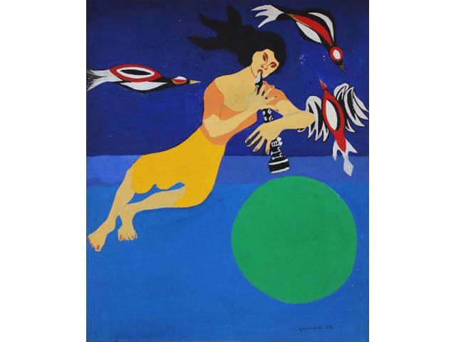 Clóvis Graciano óleo sobre tela 61 x 50 cm “Moça da clarineta, pássaros e lua verde” ass. inferior direito 1978 Com certificado do Projeto Graciano