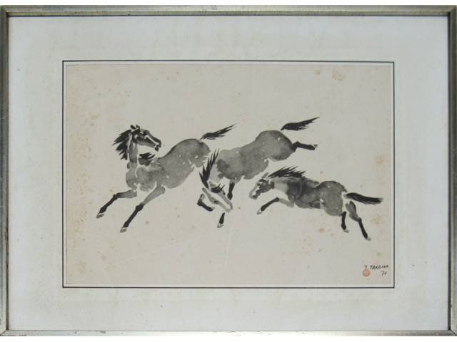 Yoshiya Takaoka gravura emoldurada com selo vermelho 30 x 50 cm "Cavalos" ass. CID 1974 procedente do álbum Cavalos - Pequenos fungos espalhados