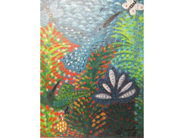 Graubem do Monte Lima óleo sobre tela 27 x 22 cm “Pássaros e borboletas” ass. CID 1968 reproduzida no catalogo de Evandro Carneiro jun/2005