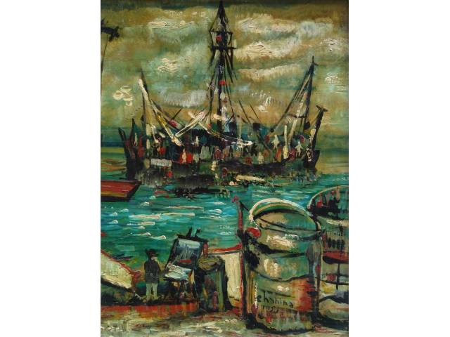 Chanina Luwisz óleo sobre madeira 45 x 35 cm “Pintor com embarcação no cais” ass. inferior direito - 1953