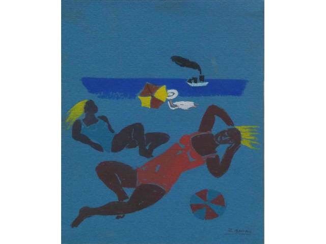 Mário Zanini guache sobre cartão 23 x 17 cm “Figuras na praia” ass. inferior direito com selo da Galeria Collectio