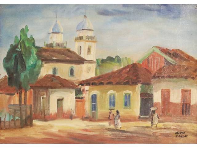 Mário Zanini Óleo sobre tela 33 x 46 cm “Casario com Igreja” ass. inferior direito