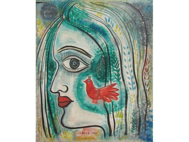 Chanina Luwisz óleo sobre madeira 40 x 50 cm “Rosto com pássaro” ass. inferior central - 1963
