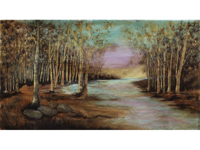 Sima Woiler acrílica sobre lona reciclada 135 x 250 cm “Riacho” ass. verso