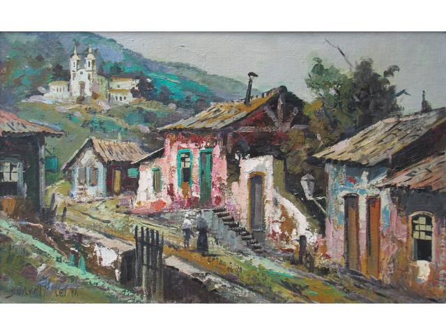 Durval Pereira óleo sobre juta 40 x 60 cm "Casario" ass. CIE