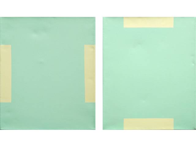 Marlene Günther par de telas verdes acrílico sobre tela 53,5 x 45 cm (cada) “#5” e “#5 A” 1998 ass. verso Com cachê Galeria Raquel Arnaud