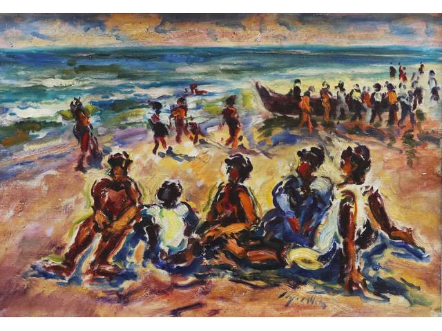 Sérgio Telles óleo sobre tela 38 x 55 cm “Meninos na Praia” ass. inferior direito