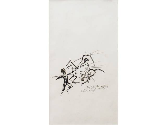 Carybé nanquim sobre cartão 47 x 27 cm "Cavaleiros - 2x1" ass. CID 1966/1968 com dedicatórias em ambas as faces, ex-coleção Waldemar Szaniecki