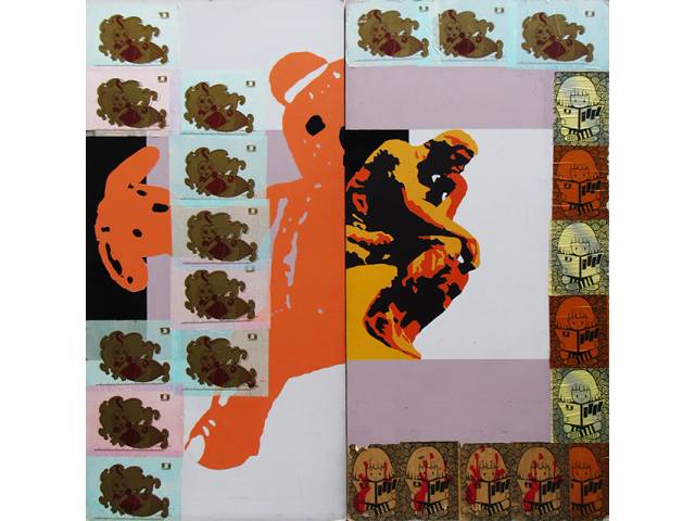 Carlos Zibel técnica mista com intervenção de grafite do artista Jey 180 x 180 cm “Ursinho e Pensador” ass. verso 2005 - Participou da exposição do artista “Articulando Direções” e reproduzida no catálogo