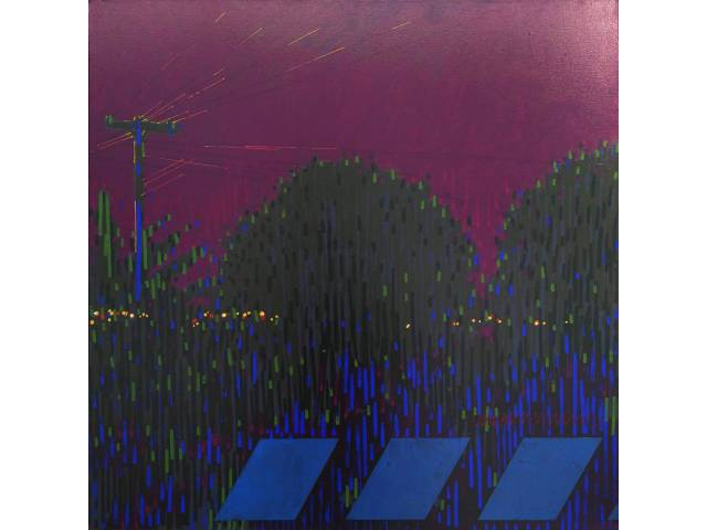 Newton Mesquita acrílica sobre tela 100 x 100 cm “Chegando na cidade” ass. inferior direito e verso 1979 retocado pelo artista em 2018