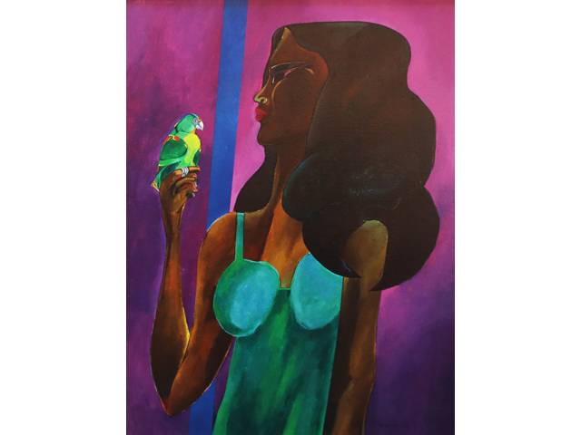 Aldemir Martins acrílica sobre tela 80 x 60 cm “Mulher com Papagaio” ass. inferior direito 1977
