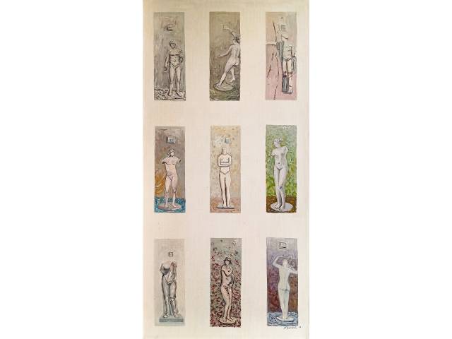 Nelson Screnci acrílica sobre tela 115 x 55 cm "Coleção de Esculturas" ass. CID 1996 com etiqueta "Quadrante Galeria, Campinas/SP"