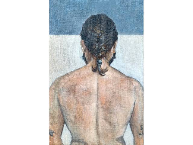 Mauricio Parra óleo sobre tela 30 x 20 cm "Autorretrato, o verso do artista" ass. verso 2014 com certificado da Galeria Mazanino