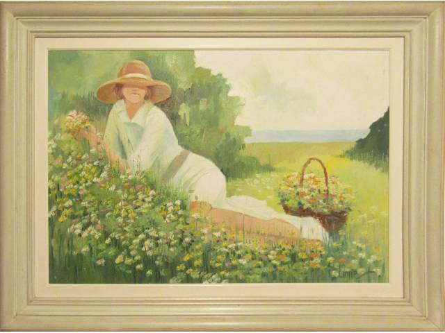 Alberto Lume óleo sobre tela 50 x 70 cm "Figura feminina com chapéu no campo florido" ass. CID