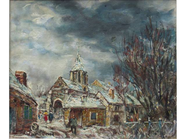 Raymond Besse (1899, Niort – 1969, Candé-sur-Beuvron) O.S.T. 38 x 43 cm, “Village em hiver Berry”, ass. CIE e verso. Europa, séc. XIX/XX