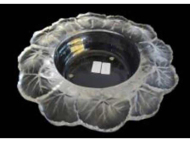 Lalique - "Honfleur" Pequeno centro de mesa em cristal jateado com borda trabalhada em formato de flor, assinado na base, H = 5 cm e D = 22 cm. Em perfeito estado.
