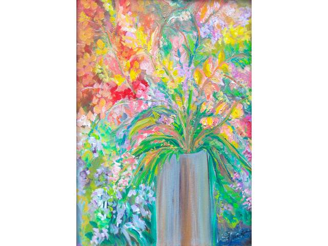Dulce D’Assunção acrílica sobre tela 40 x 30 cm “Flores de Lagoa Santa MG” ass. CID e verso 07/2020