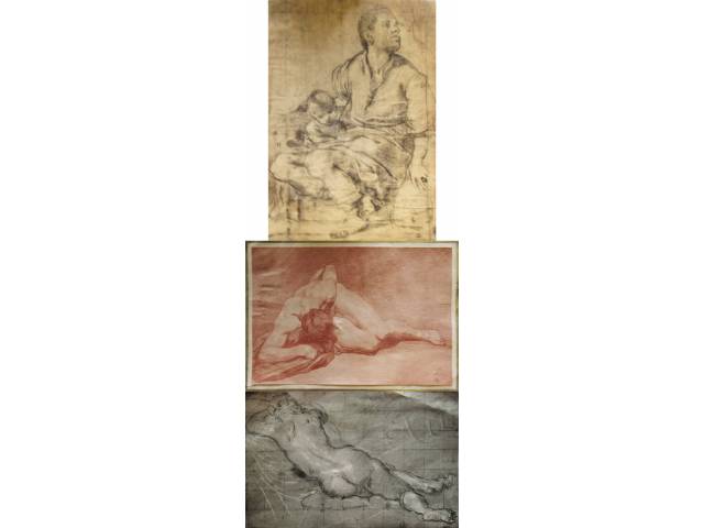 Collin de Vermont (1693 – 1761)/ Jacopo Robusti “Tintureiro” (1518 – 1594)/ Annibale Carracci (1560 – 1609) - Itália Três impressões sobre cartão da “f.lli Alinari Soc. Az. I.D.E.A” 24 x 34 cm “Estudos de anatomia”, não assinadas, séc. XVI/XIX No estado