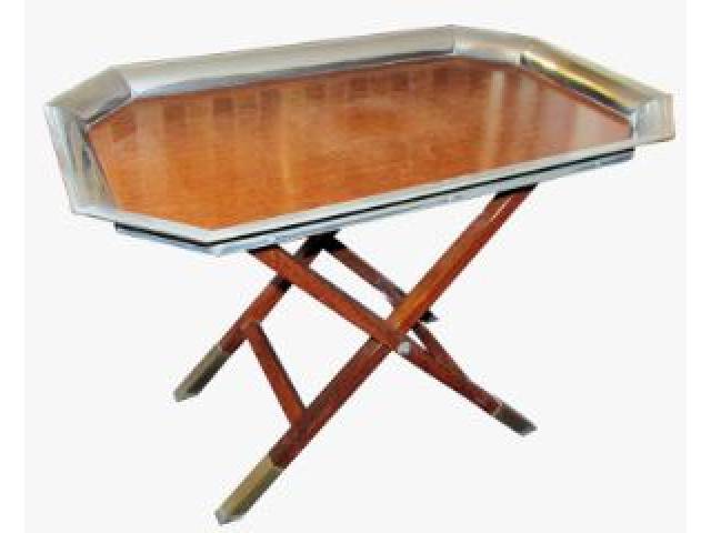 Mesa de apoio/Bar com pés cavalete em madeira e bandeja com acabamento em pewter, 57 x 82 x 53 cm