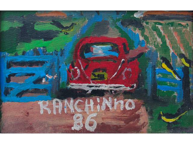 Ranchinho - Sebastião Theodoro Paulino da Silva óleo sobre tela colada sobre madeira 19 x 29 cm “Fusca” ass. centro inferior 1986
