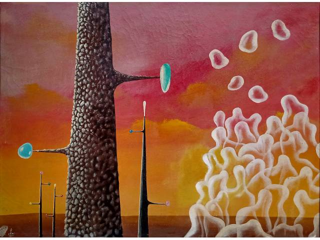 Walter Lewy acrílica sobre tela 72 x 90 cm "Paisagem Surreal" ass. CIE 1990