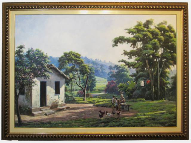 Wilson Valente óleo sobre tela 90 x 130 cm "Paisagem com casario e família" ass. CID 1997