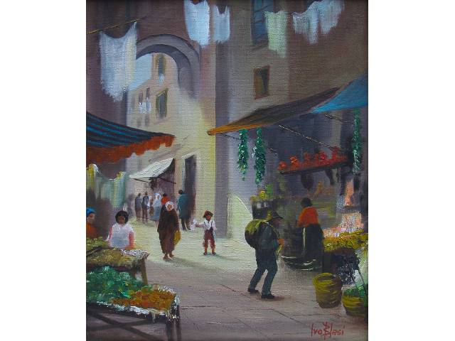 Ivo Blasi óleo sobre tela 40 x 30 cm “Feira Napolitana” ass. CID e verso 1992