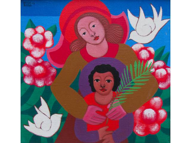 Adelson do Prado óleo sobre juta 35 x 35 cm “Madona” ass. CSE 1977 com etiqueta "O Cavalete Galeria de Arte"