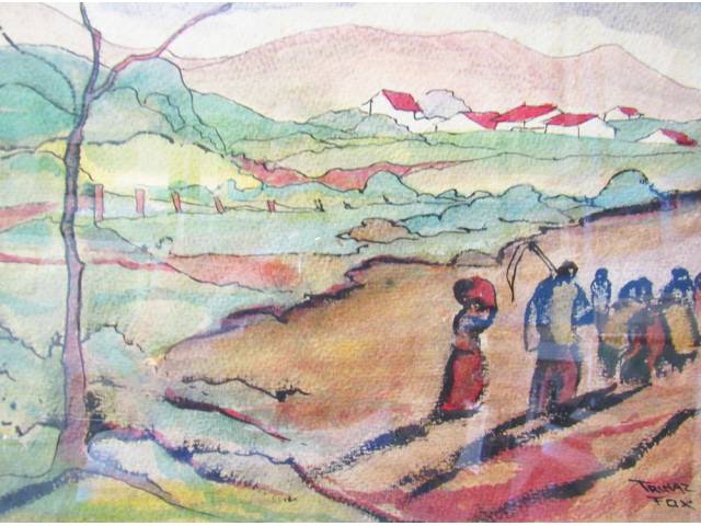 Trinaz Fox aquarela sobre papel 29 x 35 cm "Camponeses" ass. CID