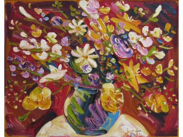 Sou Kit Gom óleo sobre tela 80 x 100 cm "Vaso de Flores" ASS. CID e verso 2005