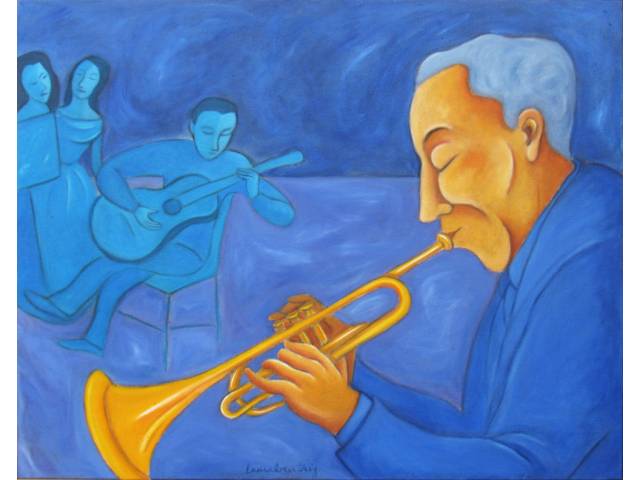 Laura Beatriz de Oliveira Leite de Almeida  acrílico sobre tela 80 x 100 cm  intitulado "Quarteto" assinada CI e verso 1999