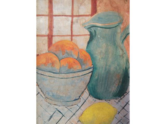 Marysia Portinari  óleo sobre eucatex  30 x 20 cm "Jarra com Frutas" ass. CSD datada 1957