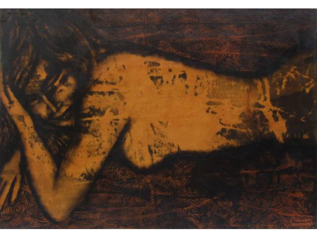 Farnese de Andrade nanquim sobre papel colado sobre eucatex 50 x 70 cm "Mulher de bruços" ass. CID 1968