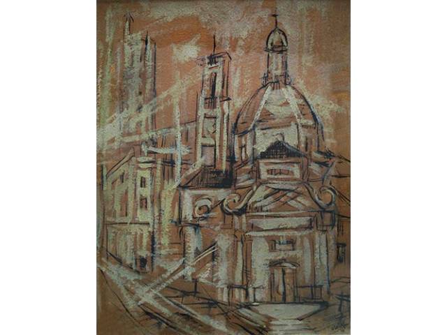 Mick Carnicelli Técnica mista sobre cartão 66 x 47 cm “Igreja” ass. inferior direito 1956