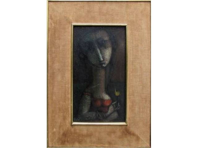 Inos Corradin óleo sobre madeira 18 x 33 cm "Mulher com pássaro" ass. CIE