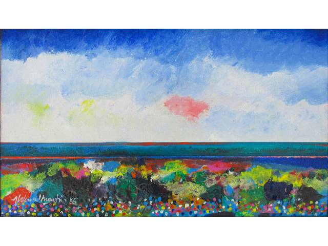 Aldemir Martins acrílica sobre tela 27 x 46 cm "Campo florido" ass. CIE e verso Brasil, Abril de 1985