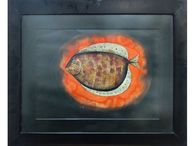 Aldemir Martins nanquim e acrílica sobre papel  50 x 65 cm "Peixe" ass. CID 1955